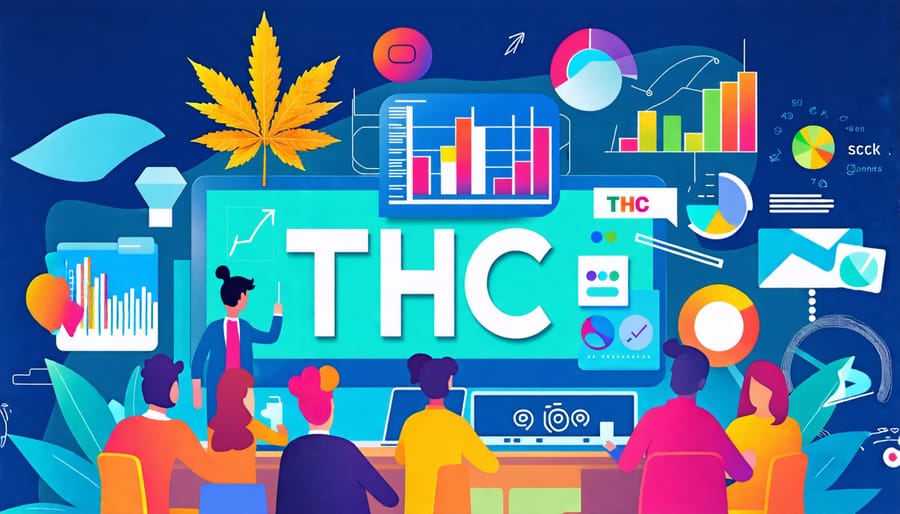 An illustration showcasing various professionals working in different roles within the THC gummies sector, symbolizing growth and career opportunities in the cannabis industry.