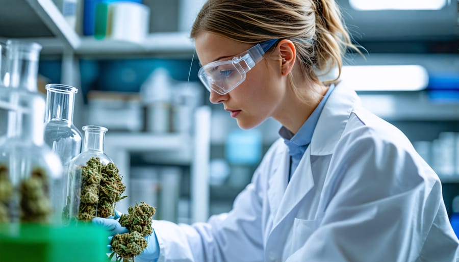 Team of scientists in a laboratory setting, experimenting and developing new cannabis product formulations