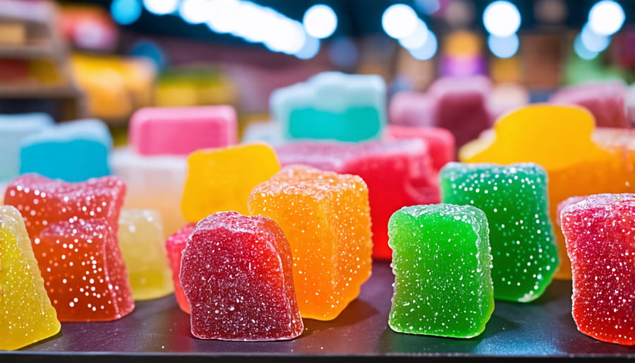 A collection of colorful THC gummies in various shapes and flavors on a store shelf