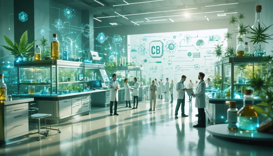 Conceptual illustration of a futuristic laboratory setting showcasing professionals engaged in CBD oil product development, marketing, and regulatory activities, symbolizing the career opportunities in the industry.