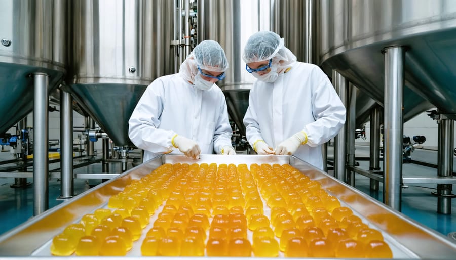 Two technicians in cleanroom PPE inspect a tray of amber delta-9 gummies in a modern facility, with stainless steel extraction tanks and a conveyor softly blurred in the background under bright, sterile lighting.