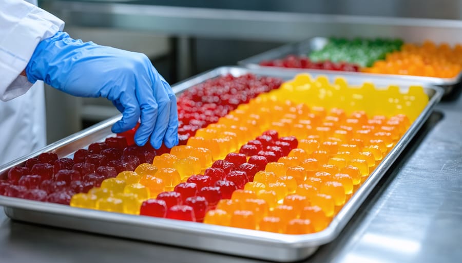 Gloved technician placing trays of colorful cannabis gummies on a stainless-steel rack in a bright GMP-compliant lab, with dosing equipment, mixing tanks, and lab staff softly blurred in the background.