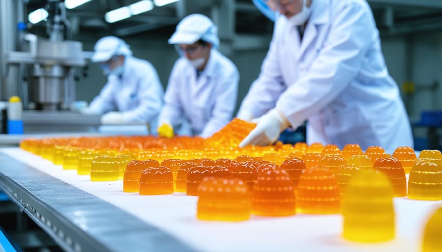 Production technician in lab coat inspecting gummies on manufacturing line