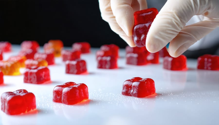 Lab technician in gloves using digital scale to measure Delta-9 THC gummy sample
