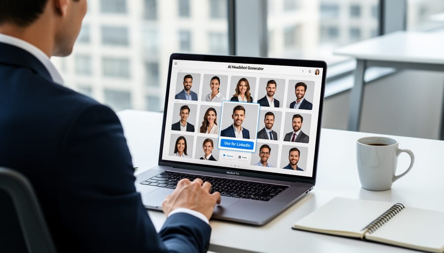 Smartphone displaying AI-generated professional headshot options on screen