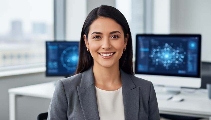 Laptop displaying LinkedIn profile page in modern office setting