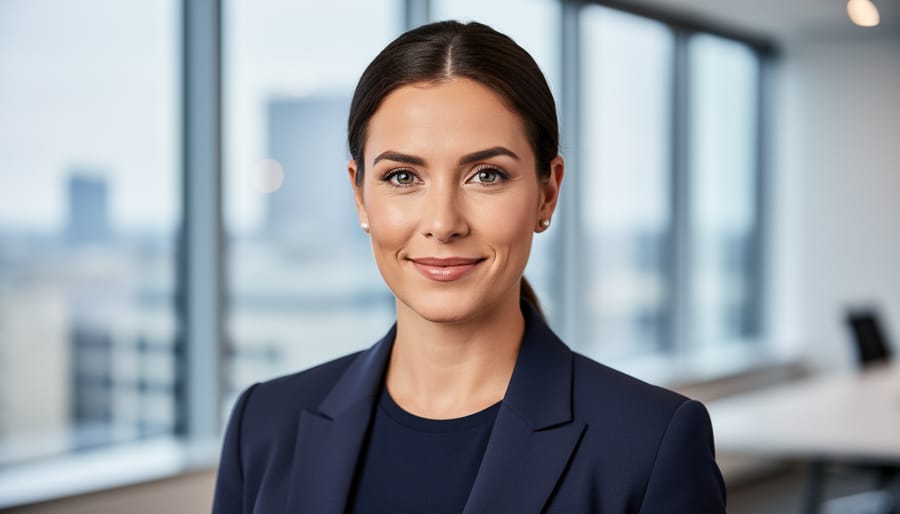 Professional business headshot of smiling person in business attire against neutral background