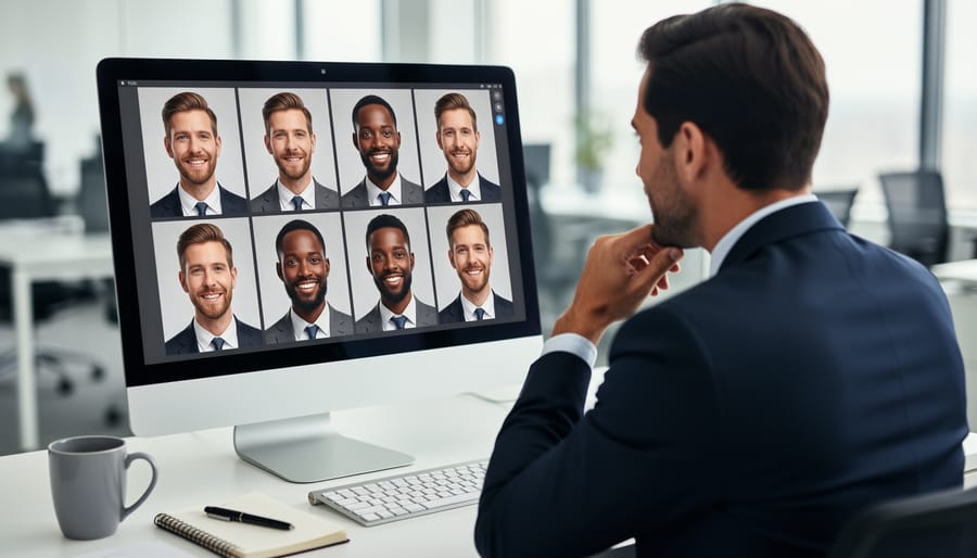 Person reviewing multiple professional headshot photos at desk in home office