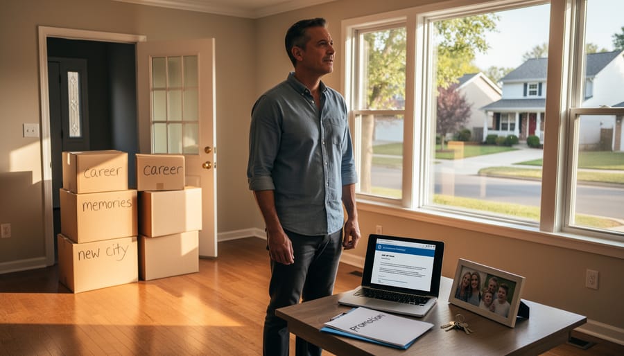 Professional holding moving box in empty house during job relocation