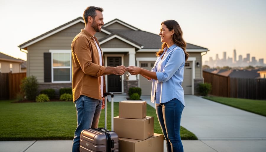Couple outside a suburban home handing over keys, with a rolling suitcase and sealed moving boxes on the porch in warm golden hour light; a blurred city skyline in the distance suggests a job relocation.