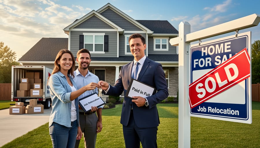 Suburban house with sold sign in front yard representing successful home sale
