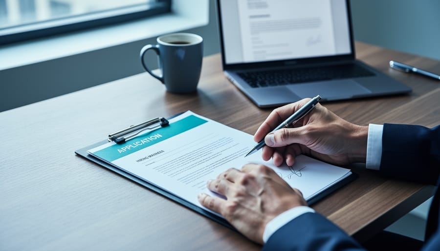 Close-up 45-degree overhead view of a hiring manager’s hands setting a clipped resume-and-cover-letter packet with a colored cover sheet on a wooden desk; blurred stack of plain resumes, laptop, pen, coffee mug, and office background under soft natural light; no readable text visible.