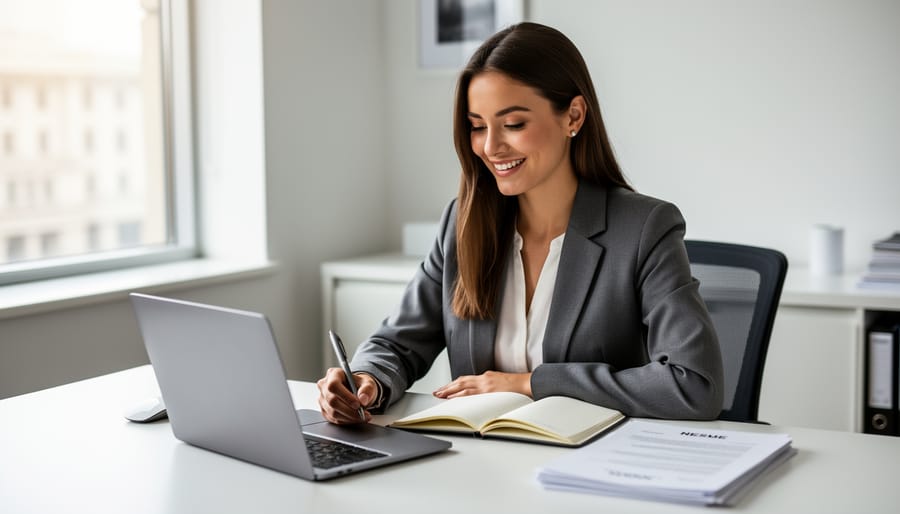 Professional woman writing at desk in modern office setting