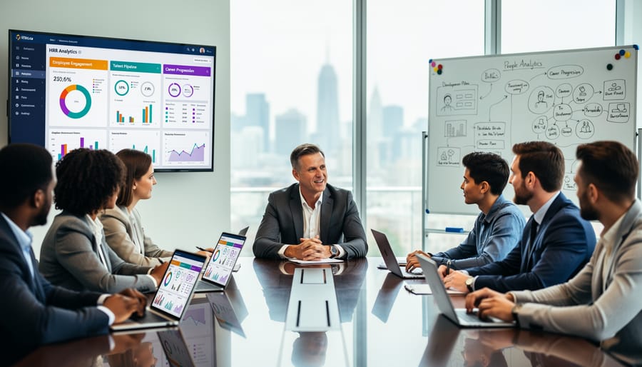 An experienced HR leader and a learner discussing in a conference room with a blank presentation screen in the background.