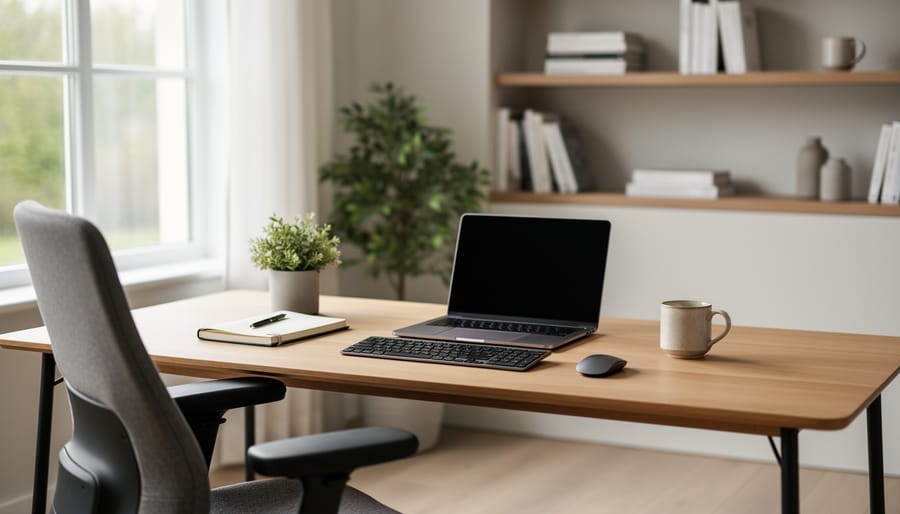 Laptop and notebook on a desk in a bright home workspace near a window