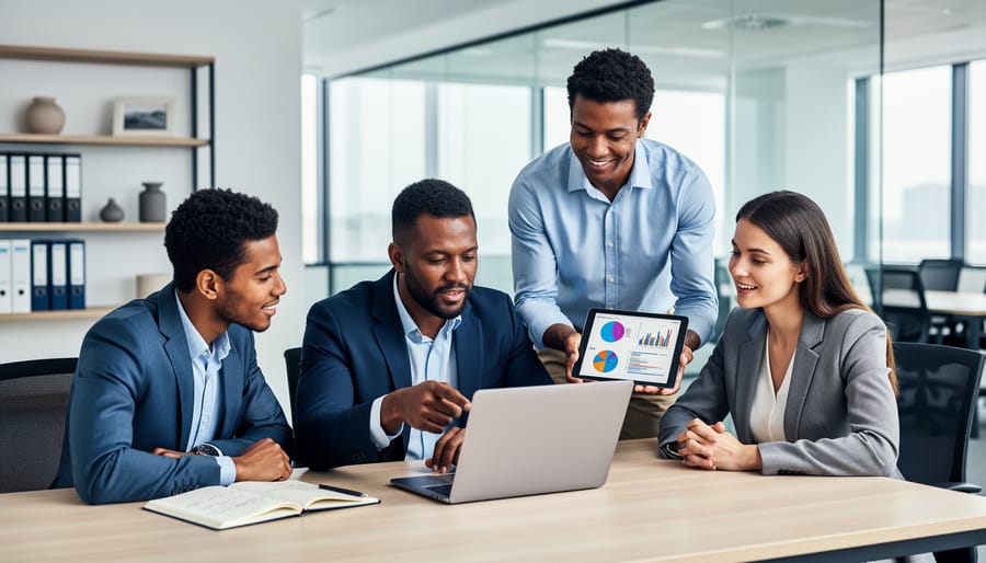 Team of HR analytics professionals discussing workforce insights with a laptop and tablet in a modern office.