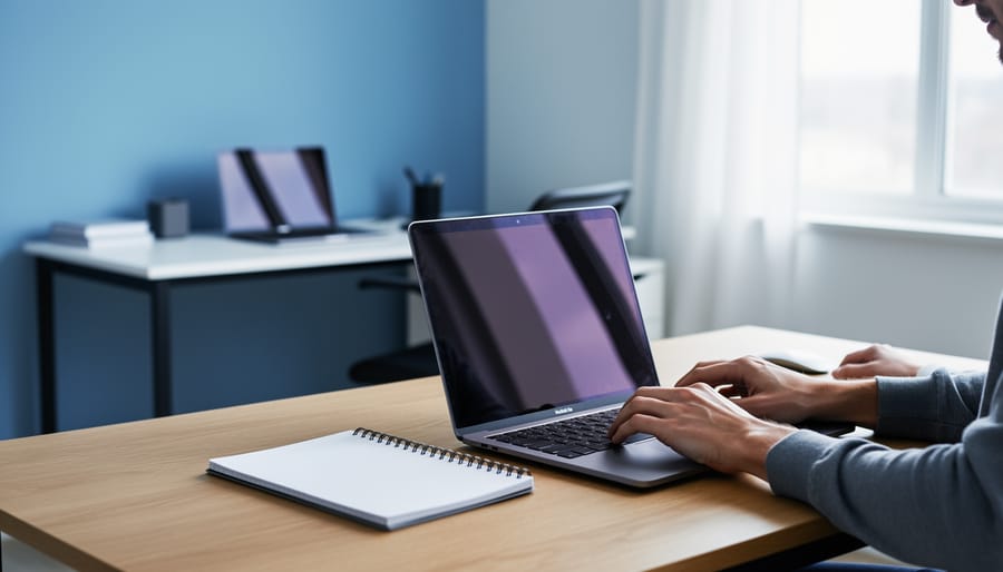 Laptop and work materials in a home office foreground with a modern office workstation visible in the background, representing hybrid remote work.
