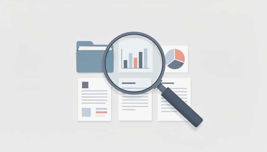 Magnifying glass resting on an organizer binder and resumes to symbolize careful HR analytics evaluation.