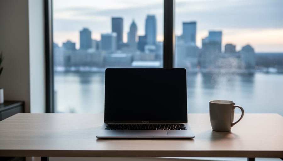 “Laptop on a desk near an apartment window with the Montreal skyline visible in the background.”