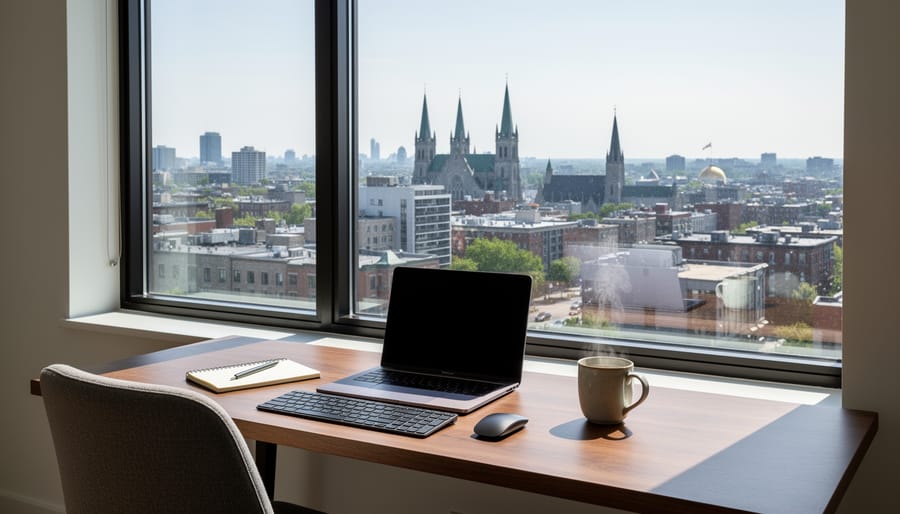 Laptop on a desk near an apartment window with Montreal skyline in the background