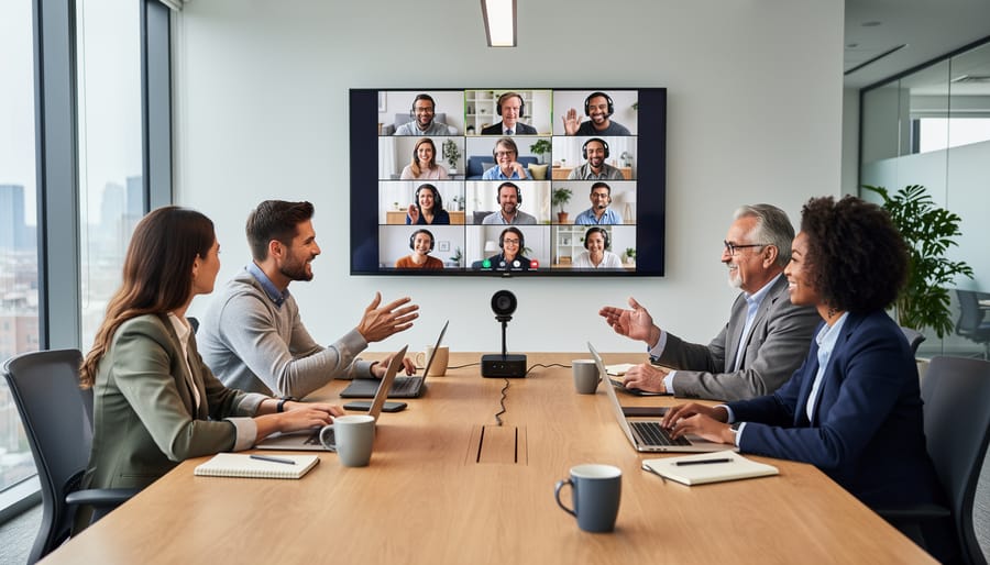 People in an office meeting room connected to a video call displayed on a screen