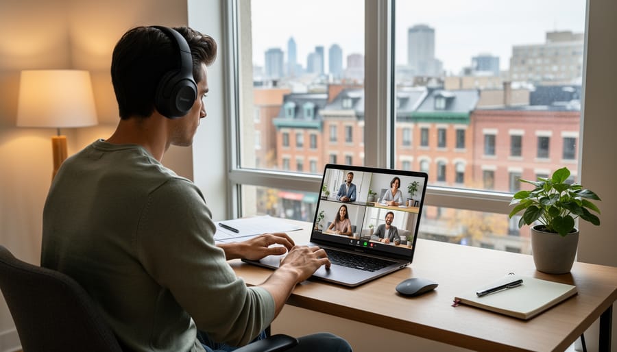 Person at a laptop participating in a video call in a home office
