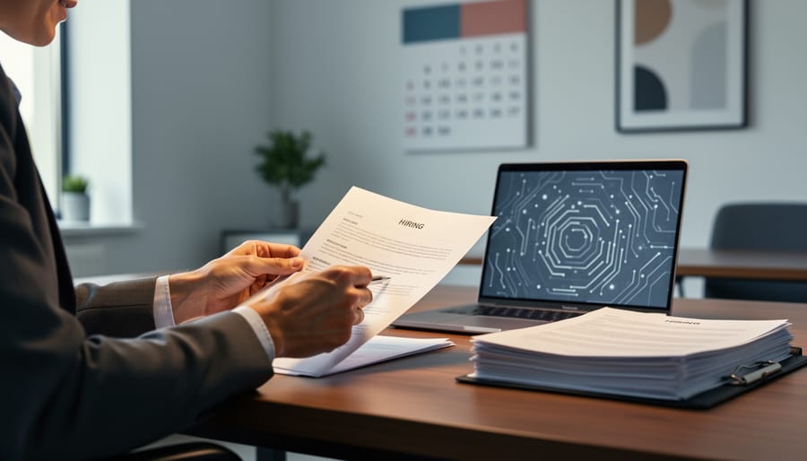 A hiring manager reviewing resumes at a desk in a modern office, with a laptop displaying abstract AI signal-like glow and no readable text.