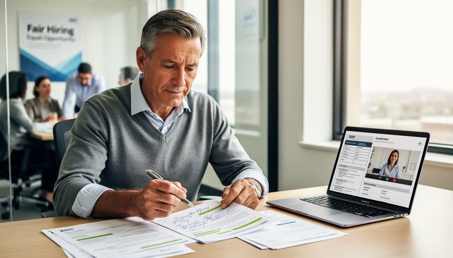 Hiring manager reviewing printed resumes at a desk with papers in hand
