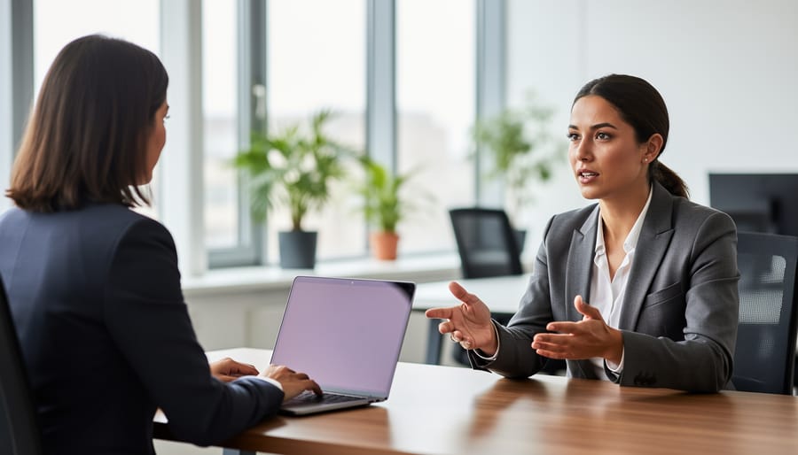 Interviewer and candidate speaking during a hiring interview in a conference room