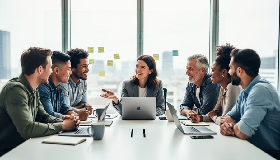Diverse coworkers talking and collaborating in a bright office environment