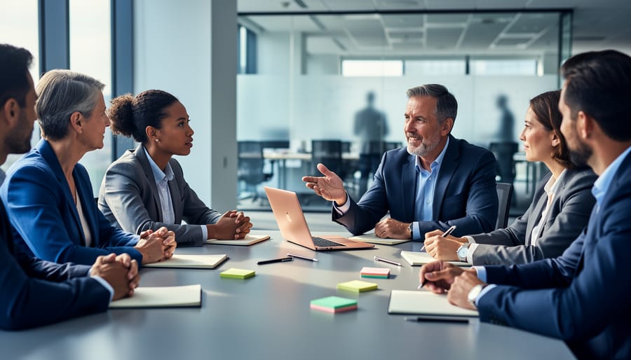 Diverse HR professionals collaborating in a modern office meeting, conveying diversity, equity, and inclusion through shared teamwork and inclusive workplace culture.
