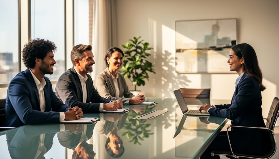 A job candidate meeting with a diverse interview panel in a conference room
