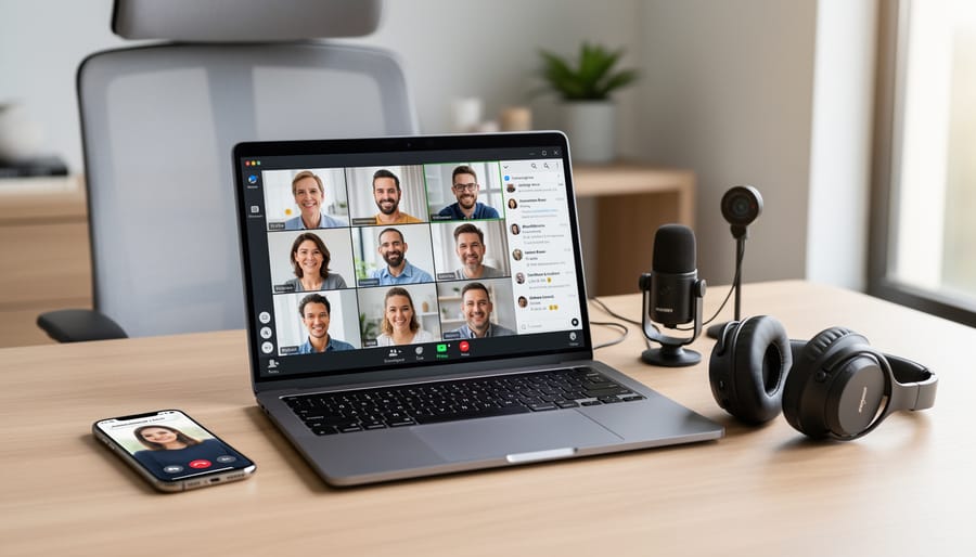 Home desk setup with laptop, monitors, headphones, and a camera for remote meetings