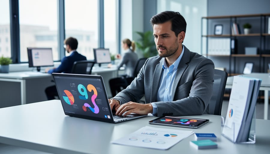 “HR professional analyzing training effectiveness with abstract analytics on a laptop in a modern office setting.”