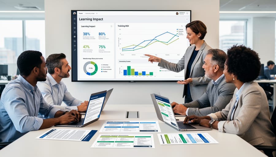 HR and training professionals reviewing training materials in a meeting room with a tablet displaying non-readable charts.