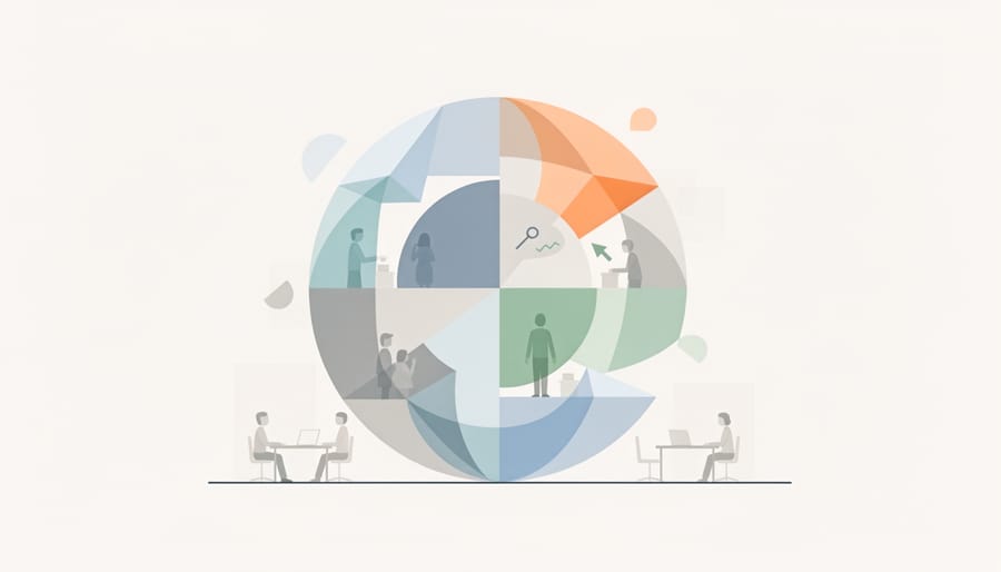 Different hands holding a translucent mosaic sphere representing shared workplace community