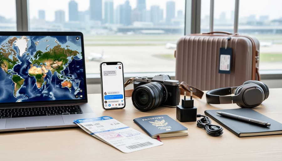 Close-up of a passport and international SIM cards next to a laptop with a blurred globe in the background