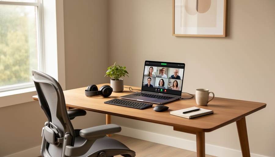 A bright, tidy remote-work workspace with an empty desk, laptop, and plant near large windows.