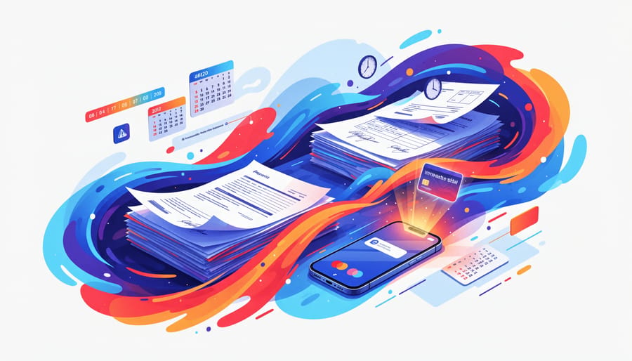 Hand holding a phone above paperwork on a desk with out-of-focus screens
