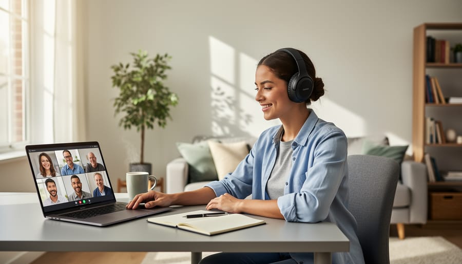 Remote worker at a home desk using a laptop and headset during a video call.