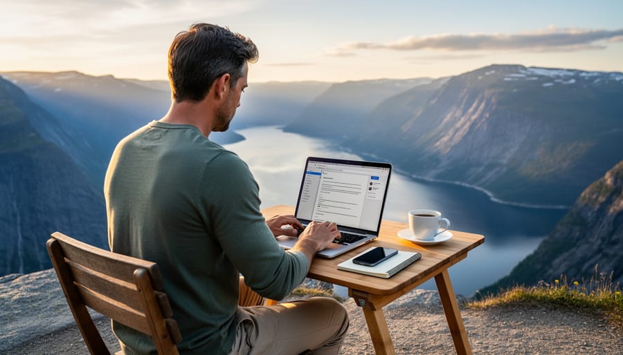 Person working on a laptop at a balcony with an ocean view and travel documents nearby