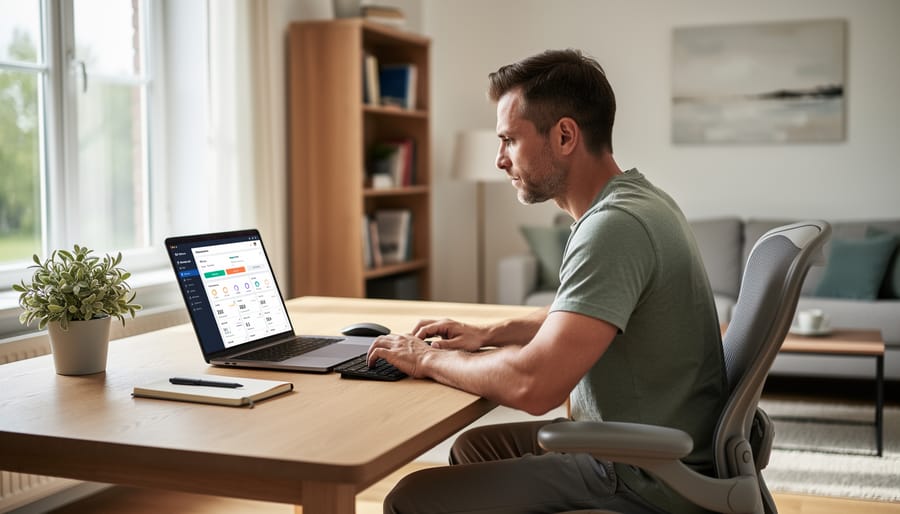 Person working from home at a desk with a laptop and phone in natural daylight