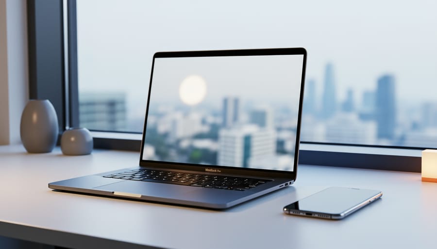 “Remote work desk with an open laptop and smartphone under soft daylight, suggesting location-independent hiring.”