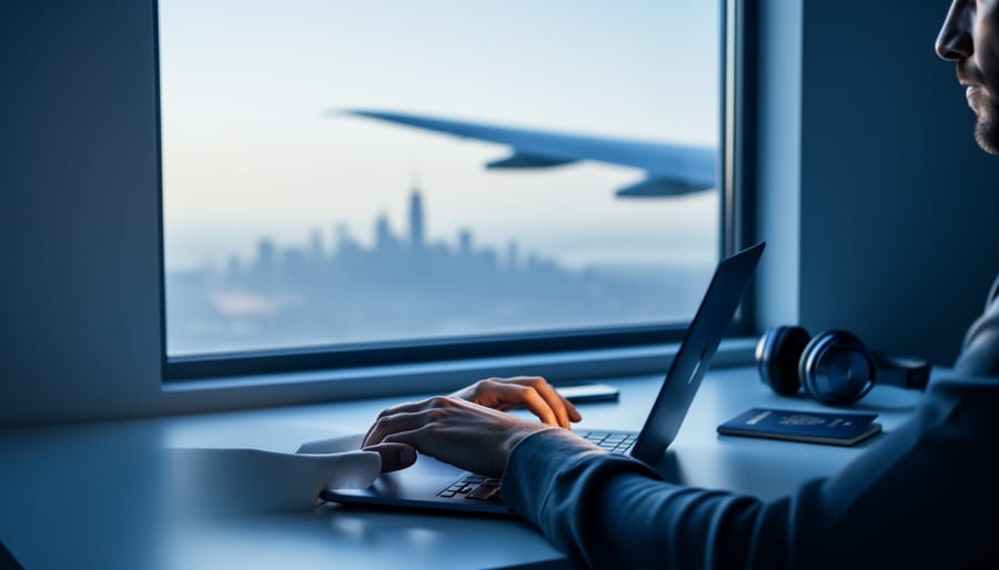Remote worker using a laptop near a window with subtle travel-inspired background elements suggesting work from anywhere.