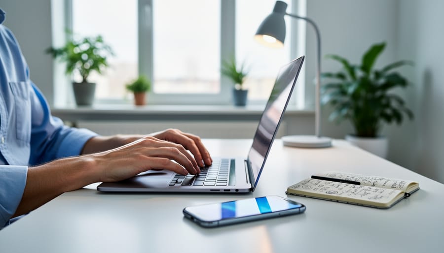 Remote worker using a laptop at a tidy home office desk with a notebook and smartphone nearby, lit by soft natural daylight