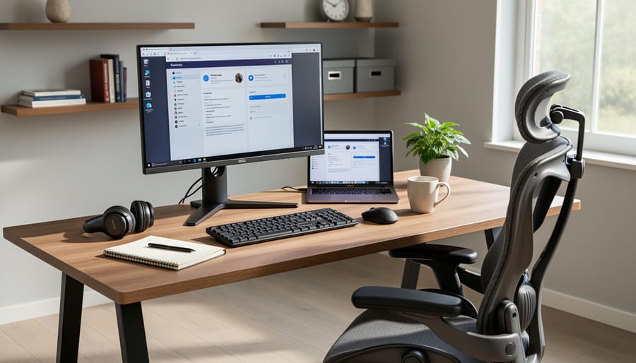 Home office workstation with laptop and ergonomic chair in soft natural light