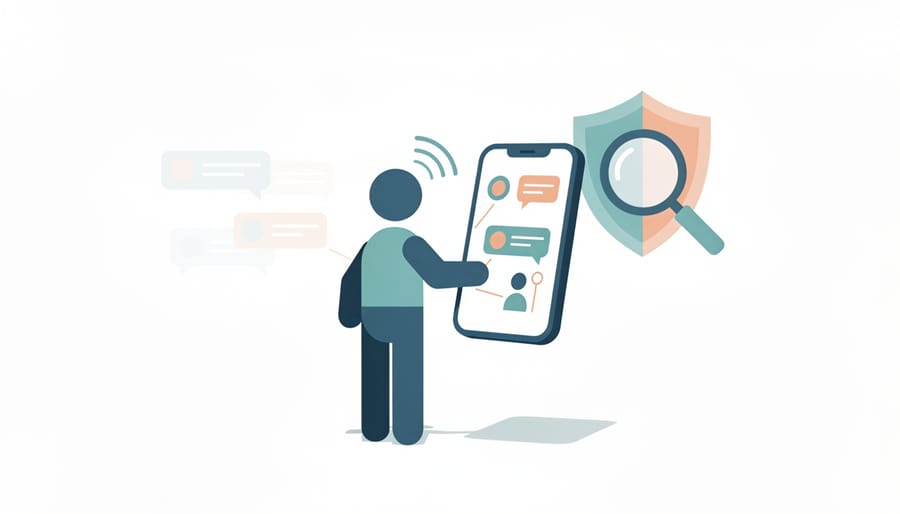 Hands holding a smartphone near a laptop while removing a caution-stamp metaphor for job scam prevention