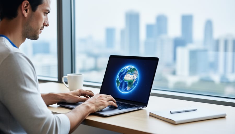 Remote worker at a home desk holding a laptop with a softly glowing globe, representing legitimate work-from-anywhere job opportunities.
