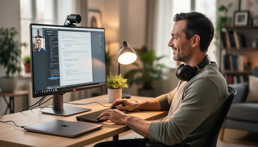 Person’s laptop video call setup with headset and ring light for remote meetings
