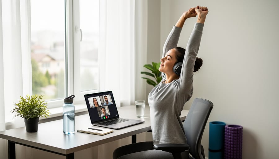 Remote worker stretching during a wellness break near a window